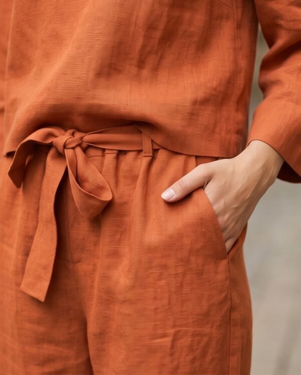 Rust Orange Linen Boxy Top and Tapered Pants Set