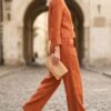 Rust Orange Linen Boxy Top and Tapered Pants Set