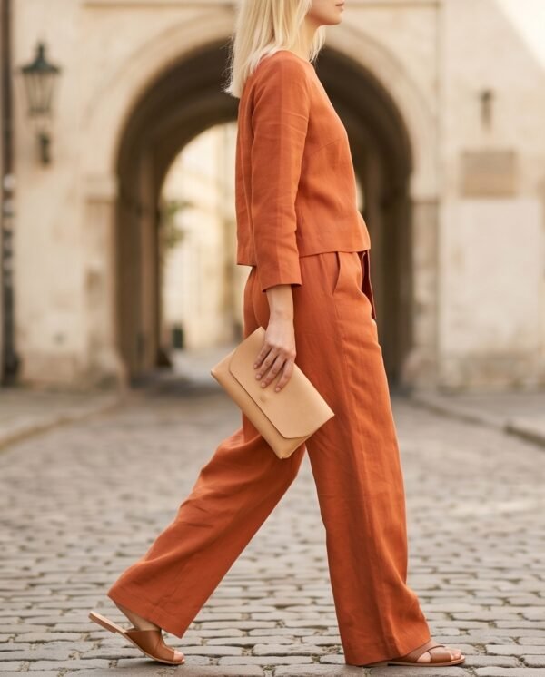 Rust Orange Linen Boxy Top and Tapered Pants Set