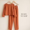 Rust Orange Linen Boxy Top and Tapered Pants Set