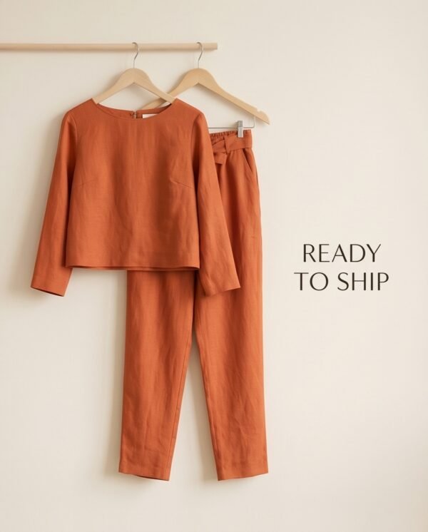 Rust Orange Linen Boxy Top and Tapered Pants Set