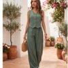 Sage Green Button-Front Vest and Wide-Leg Pants Set