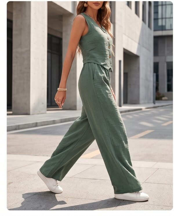 Sage Green Button-Front Vest and Wide-Leg Pants Set