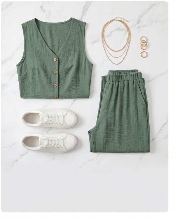 Sage Green Button-Front Vest and Wide-Leg Pants Set