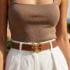 Brown Ribbed Tank and White Linen Shorts Set (No Belt)