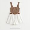 Brown Ribbed Tank and White Linen Shorts Set (No Belt)