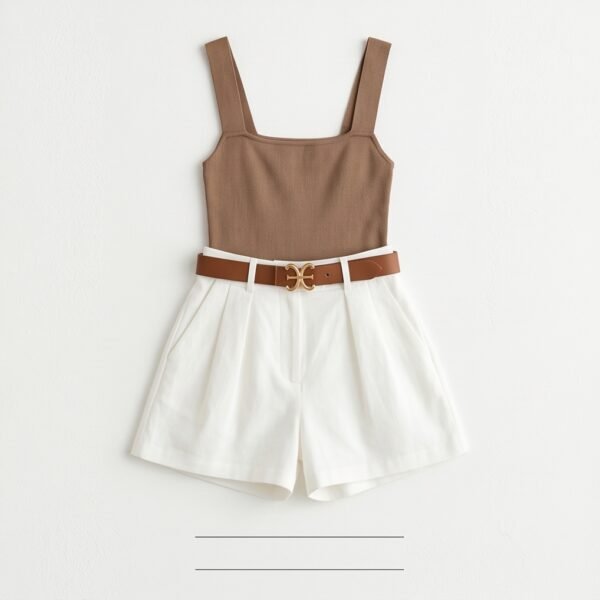 Brown Ribbed Tank and White Linen Shorts Set (No Belt)