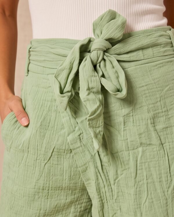 BS-SHO-005_2 Sage Green Textured Tie-Waist Shorts