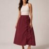 Burgundy Ruffle Trim A-Line Midi Skirt
