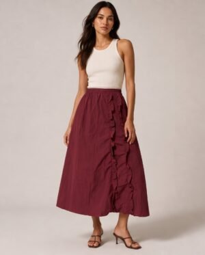 Burgundy Ruffle Trim A-Line Midi Skirt