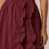 Burgundy Ruffle Trim A-Line Midi Skirt