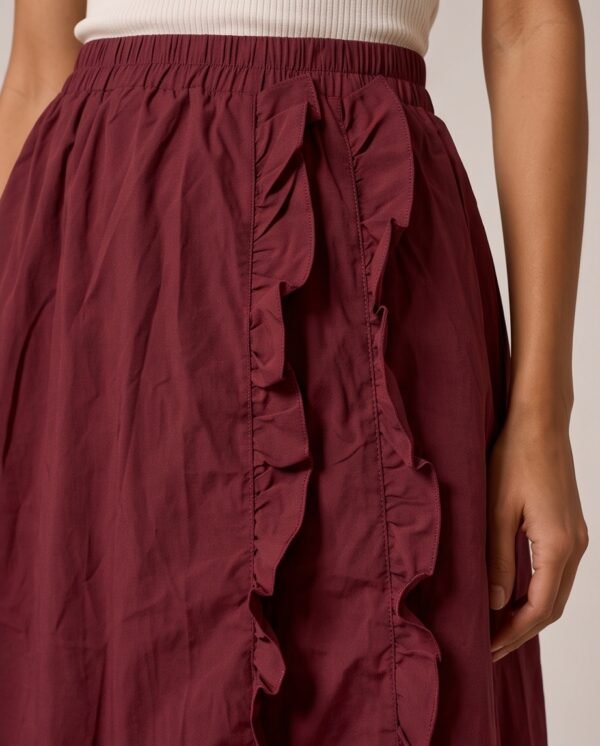Burgundy Ruffle Trim A-Line Midi Skirt
