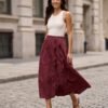 Burgundy Ruffle Trim A-Line Midi Skirt