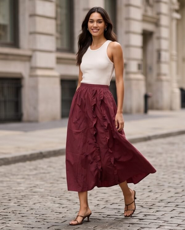 Burgundy Ruffle Trim A-Line Midi Skirt