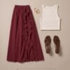 Burgundy Ruffle Trim A-Line Midi Skirt