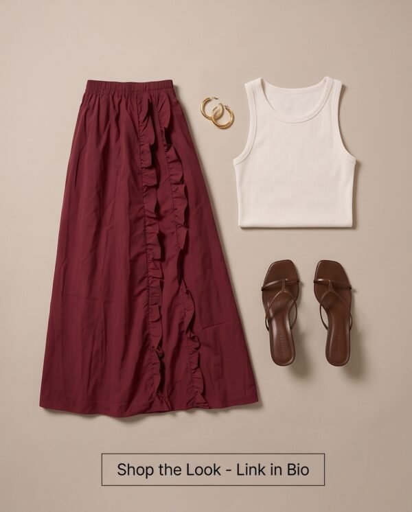 Burgundy Ruffle Trim A-Line Midi Skirt