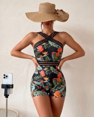 Tropical Print Crisscross Romper Swimsuit