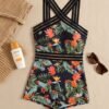 Tropical Print Crisscross Romper Swimsuit