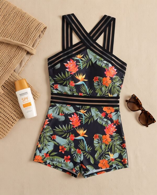 Tropical Print Crisscross Romper Swimsuit