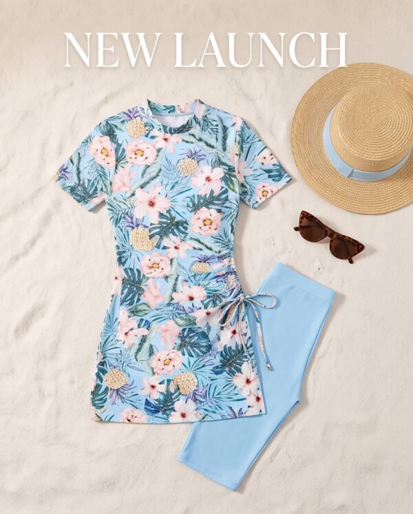 Floral Tunic Swim Set with Blue Leggings