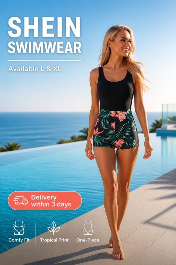 Black & Tropical Print Boyshort Swimsuit