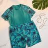 BS-SWM-012_4 Teal Tropical Print Rash Guard Swim Set