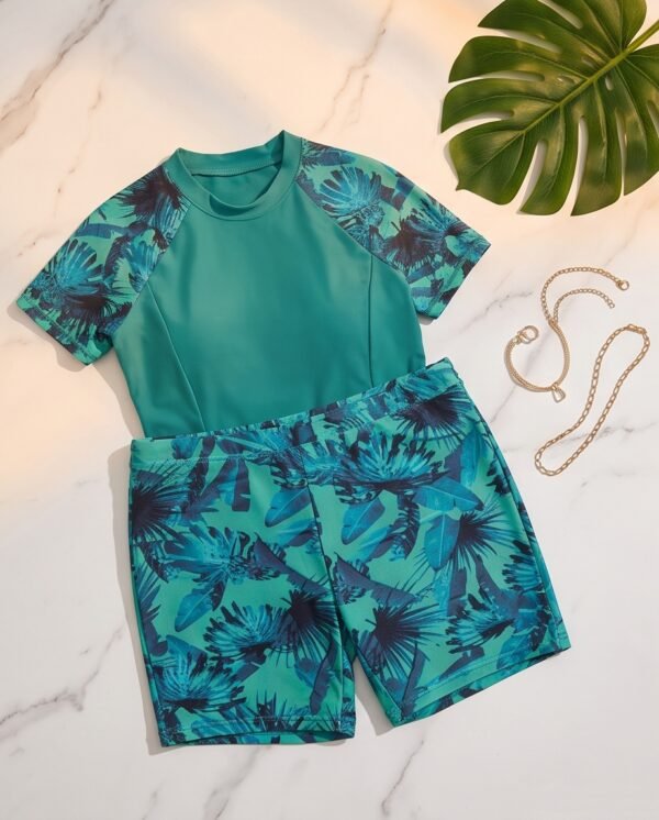 BS-SWM-012_4 Teal Tropical Print Rash Guard Swim Set