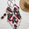 BS-SWM-014_3 Geometric Diamond Print Deep-V One-Piece Swimsuit