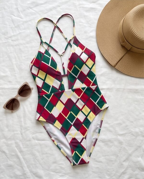 BS-SWM-014_3 Geometric Diamond Print Deep-V One-Piece Swimsuit