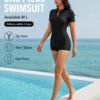 Black Zip-Front Boyleg Romper Swimsuit