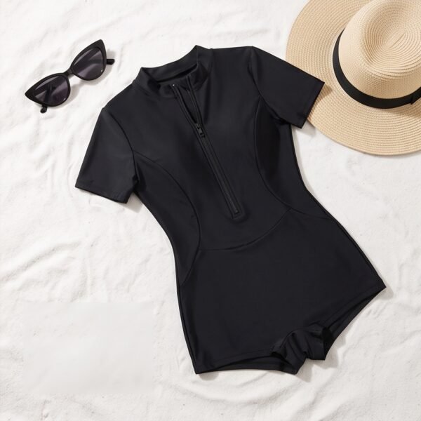 Black Zip-Front Boyleg Romper Swimsuit