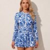 BS-SWM-019_2 Blue Floral Zip-Front Long Sleeve Swim Dress