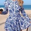 BS-SWM-019_4 Blue Floral Zip-Front Long Sleeve Swim Dress