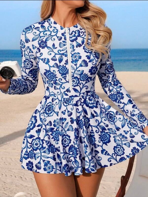BS-SWM-019_4 Blue Floral Zip-Front Long Sleeve Swim Dress