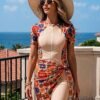 BS-SWM-020_2 Beige Floral Zip-Front Swimsuit with Sarong Wrap