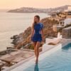 Navy Zip-Front Swim Set with Skirted Shorts