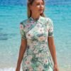 BS-SWM-022_2 Mint Tropical Print Ruched Top Swim Set