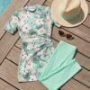 BS-SWM-022_4 Mint Tropical Print Ruched Top Swim Set