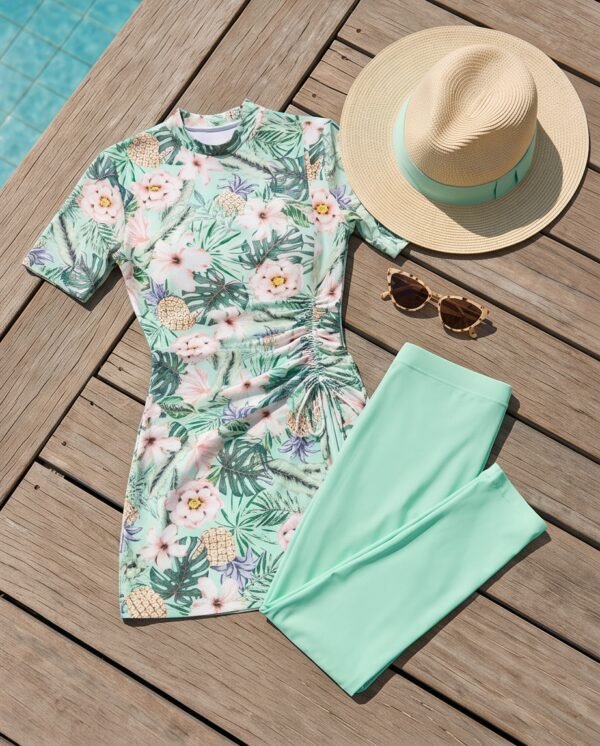 BS-SWM-022_4 Mint Tropical Print Ruched Top Swim Set