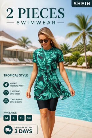 Green Tropical Leaf Print Ruched Swim Set