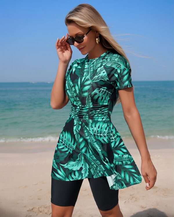 Green Tropical Leaf Print Ruched Swim Set