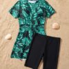Green Tropical Leaf Print Ruched Swim Set
