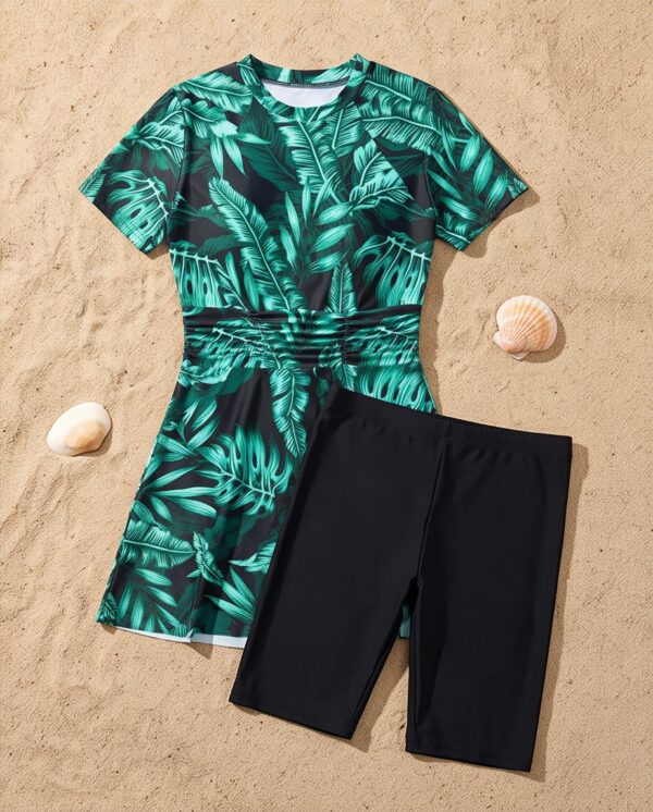 Green Tropical Leaf Print Ruched Swim Set