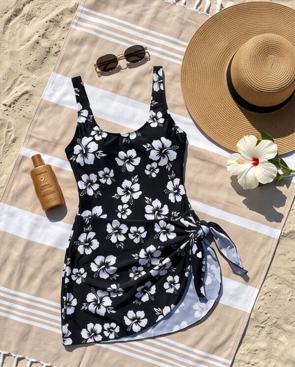 BS-SWM-025_4 Black & White Hibiscus Print Swim Dress