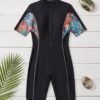 Black Zip-Front Romper with Floral Side Panels