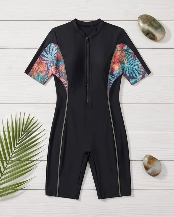 Black Zip-Front Romper with Floral Side Panels
