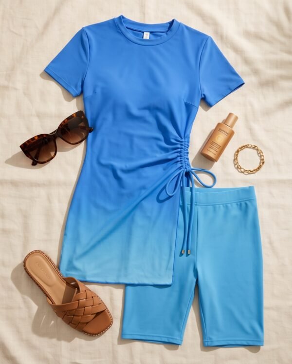 Blue Ruched Drawstring Tunic Swim Set