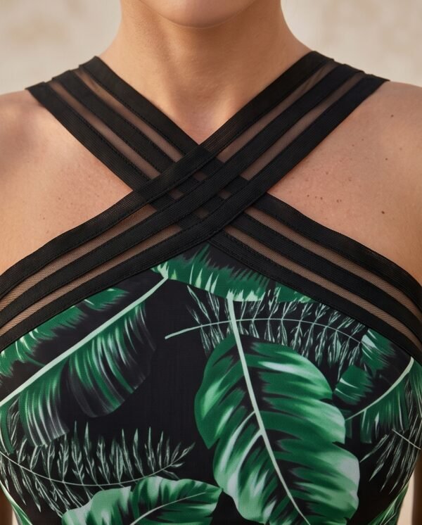 Green Tropical Print Halter Swim Dress
