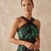 Green Tropical Print Halter Swim Dress