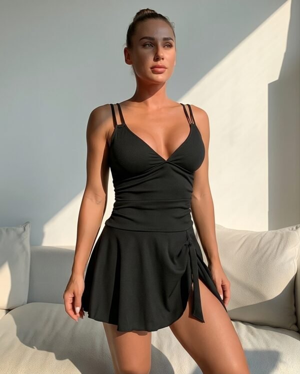 Black Ribbed Double-Strap Swim Dress